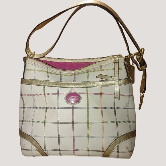 Coach Signature Crossbody Bag White Multicolor Plaid With Gold Accents & Pink In - Picture 1 of 15